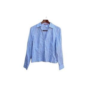 Anne Klein Top Blouse Cotton Blend Long Sleeve Button Down Gray Striped Sz 10